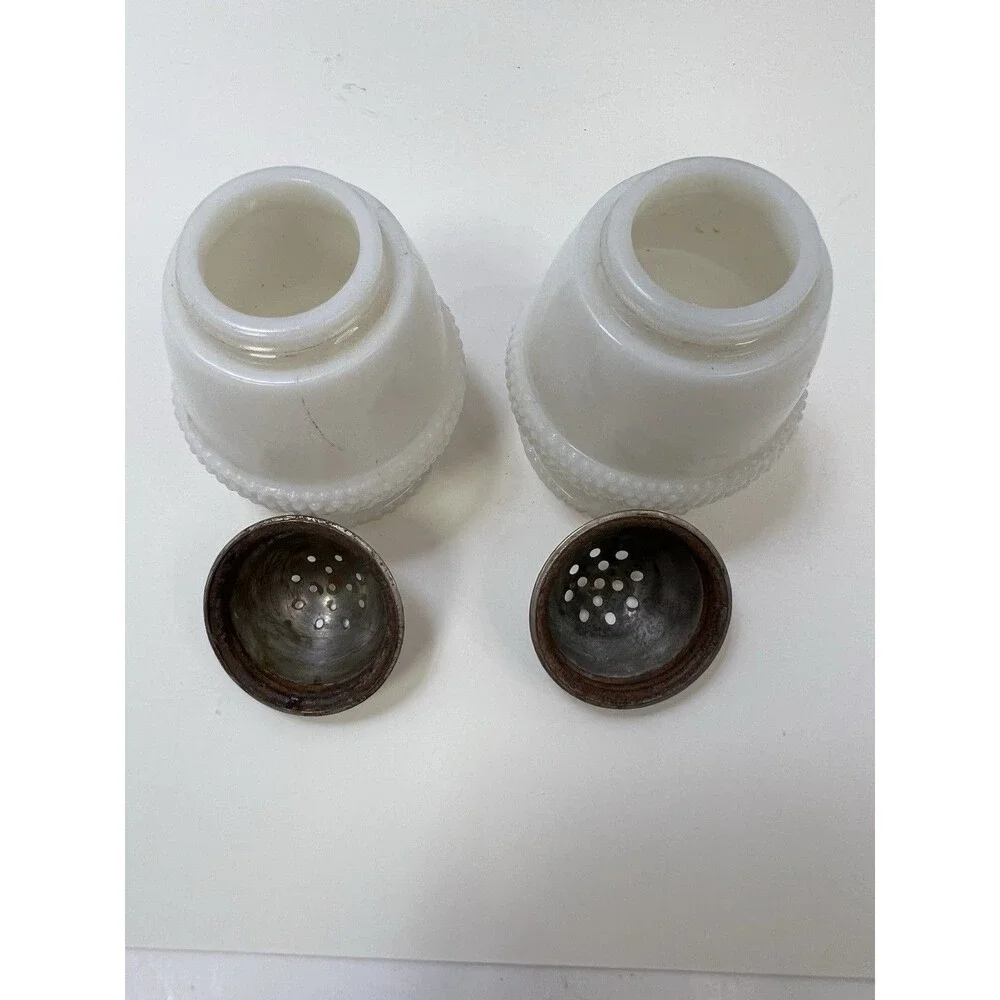 Antique Acorn Opal Glass Salt Pepper Shakers Lids 1880s Rare EAPG Pedestal Foot